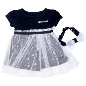 navy infant dress with stars and hearts, Penn State on left chest, white mesh tulle, and matching headband